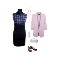 Sukienka mała czarna z błyszczącą fioletową kratką